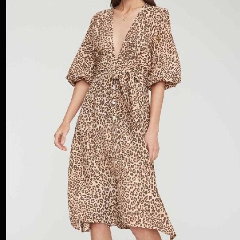 NEW Faithfull The Brand Chloe Midi Dress Mila Animal Print Button Front V Neck